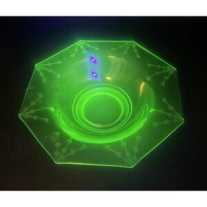 VTG Large Etched Uranium Glass Depression Footed Fruit Serving Bowl 11.5” Glows